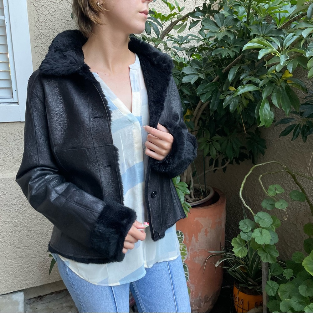 Vintage black leather and rabbit fur jacket